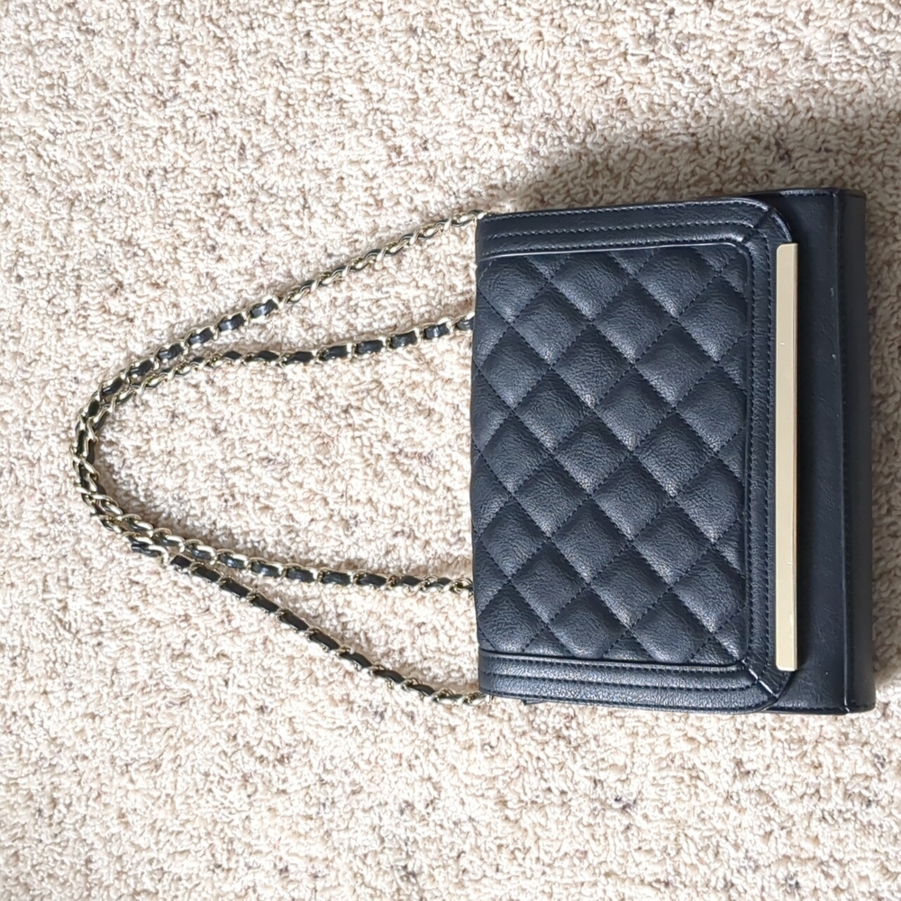 Mossimo Supply Quilted Black w/ Gold Clutch Purse Crossbody Shoulder Bag Leopard